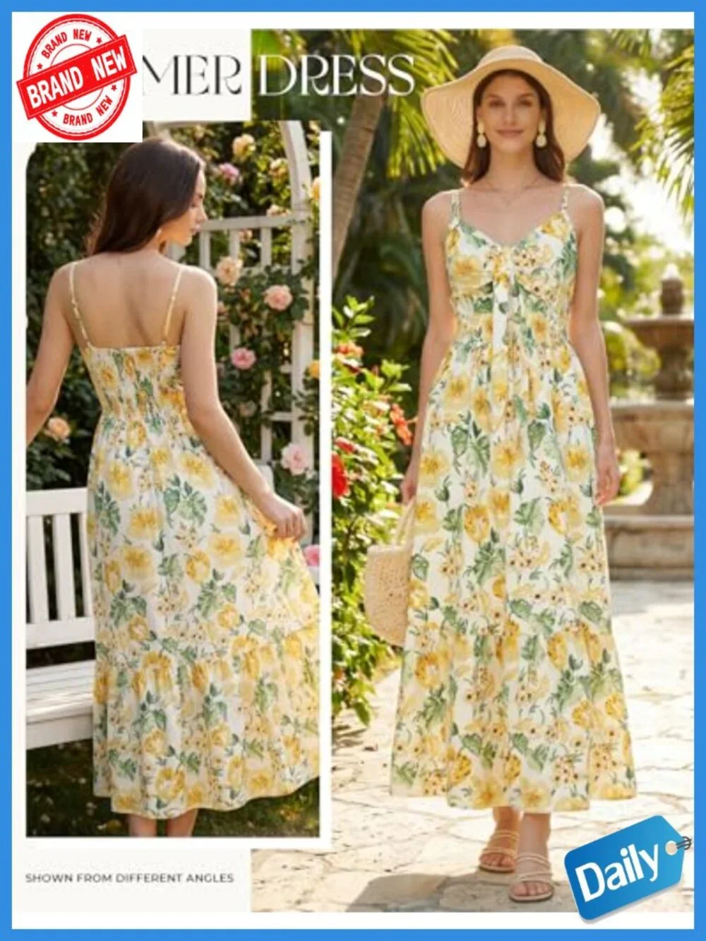 Summer Floral Maxi Dress Flowy Boho Beach Vacation Casual with Pockets
